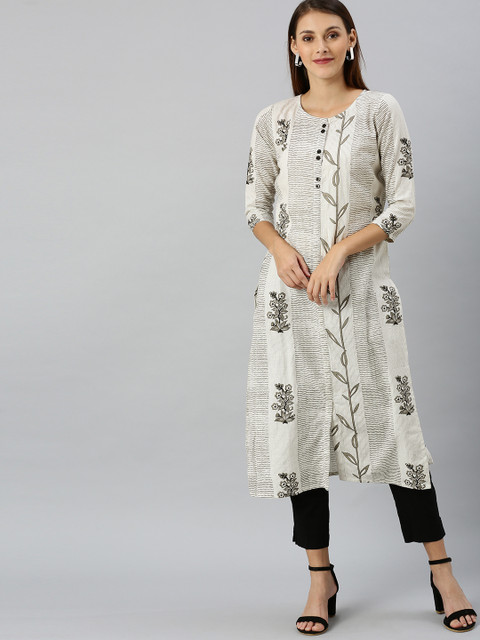

SANISA Women Off-White & Grey Printed Fusion Straight Kurta