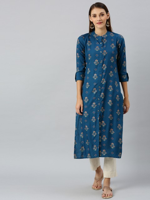 

SANISA Women Teal Blue & Gold-Toned Foil Printed Straight Kurta