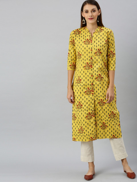

SANISA Women Yellow & Blue Printed Fusion Straight Kurta