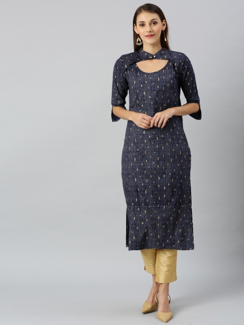 

SANISA Women Blue & Gold-Toned Foil Printed Straight Kurta With Cut-Out Detail