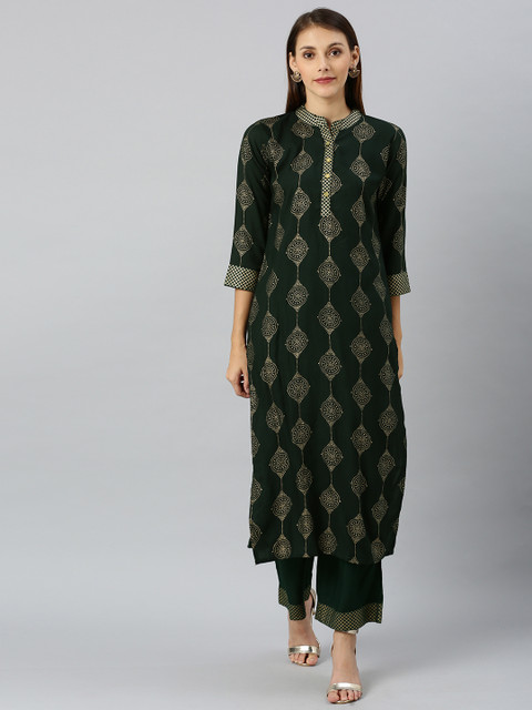 

SANISA Women Green & Gold-Toned Printed Kurta with Palazzos