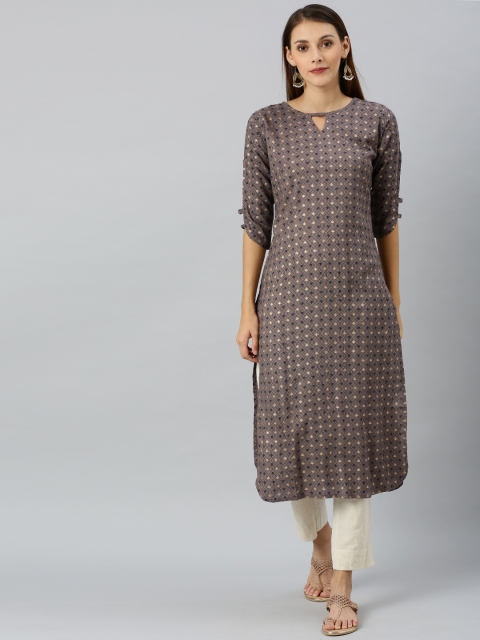 

SANISA Women Brown & Grey Foil Printed Straight Kurta WIth Cut-Out Sleeves
