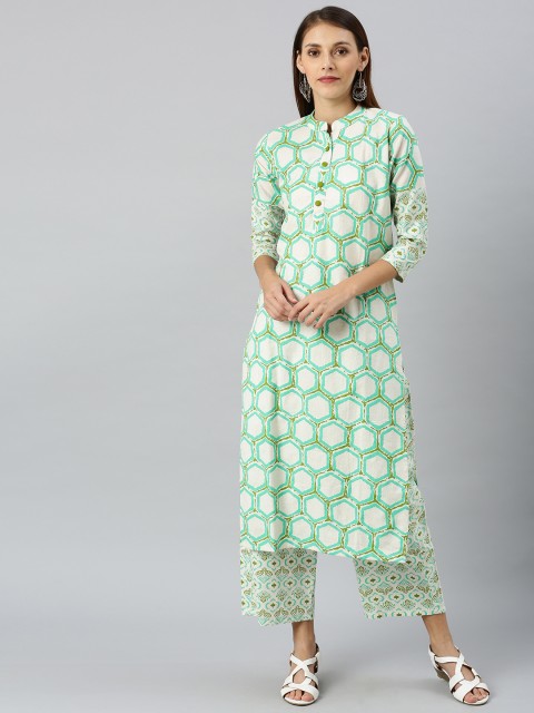 

SANISA Women Off-White & Green Printed Straight Kurta with Palazzos