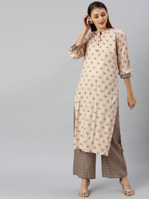 

SANISA Women Cream-Coloured & Black Foil Printed Straight Kurta with Palazzos