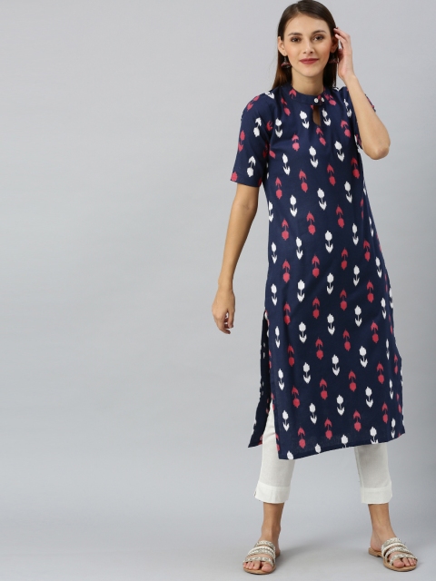 

SANISA Women Blue & White Woven Design Straight Kurta
