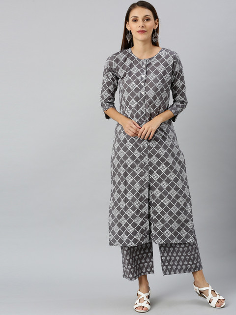 

SANISA Women Grey & White Block Printed Kurta with Palazzos