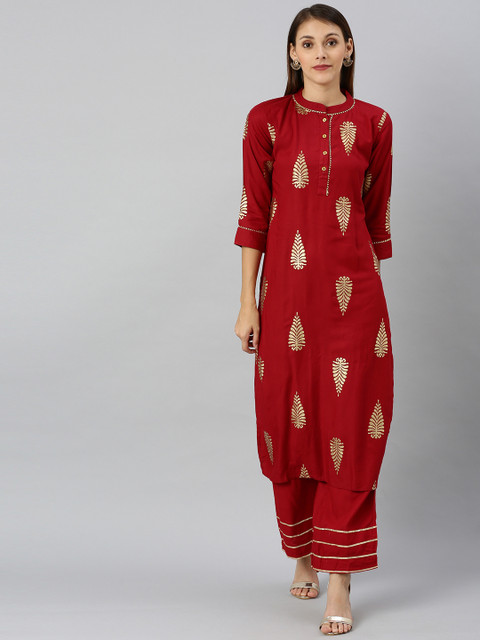 

SANISA Women Maroon & Gold-Toned Foil Printed Kurta with Palazzos