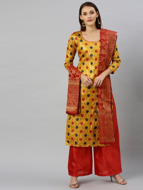 

Satrani Yellow & Red Silk Blend Woven Design Unstitched Dress Material