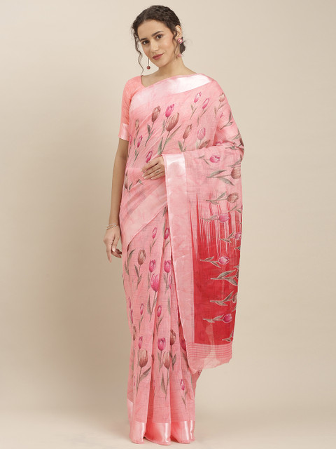 

Kvsfab Pink Printed Linen Blend Saree