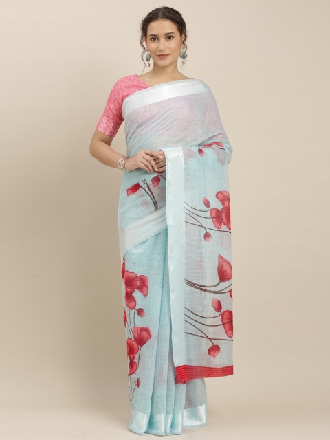 

Kvsfab Sky Blue & Red Linen Blend Floral Printed Saree