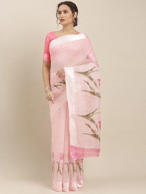 

Kvsfab Pink Printed Linen Blend Saree
