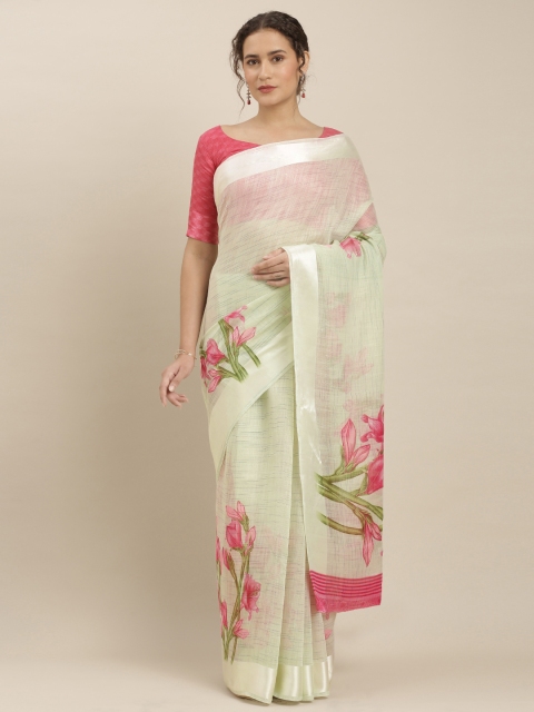 

Kvsfab Green & Pink Linen Blend Printed Saree, Fluorescent green