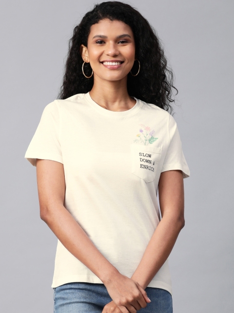 

Mast & Harbour Women Off-White Pocket Detailing Round Neck Sustainable T-shirt