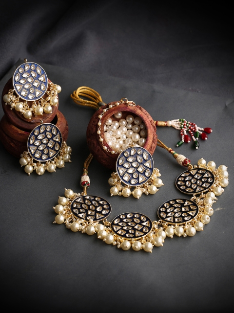 

LAIDA Blue and Gold-Toned Set of Earrings And Maangtikka with False Kundan and Pearls