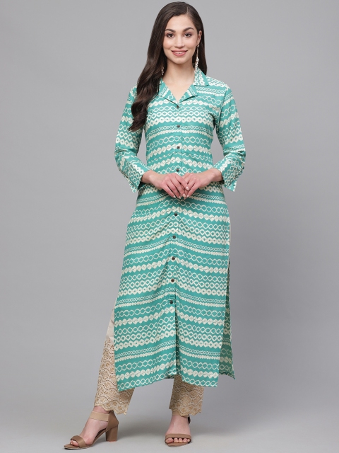 

Indo Era Women Sea Green & Off-White Printed Kurta with Trousers