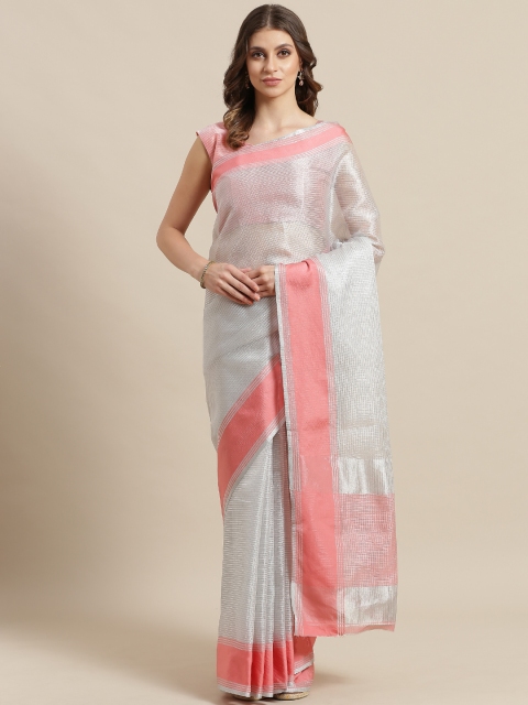 

Saree mall Silver & Peach-Coloured Zari Self-Checked Saree