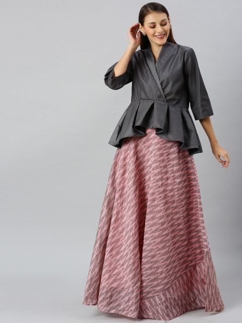 

Indo Era Pink & Grey Printed Ready to Wear Lehenga with Blouse