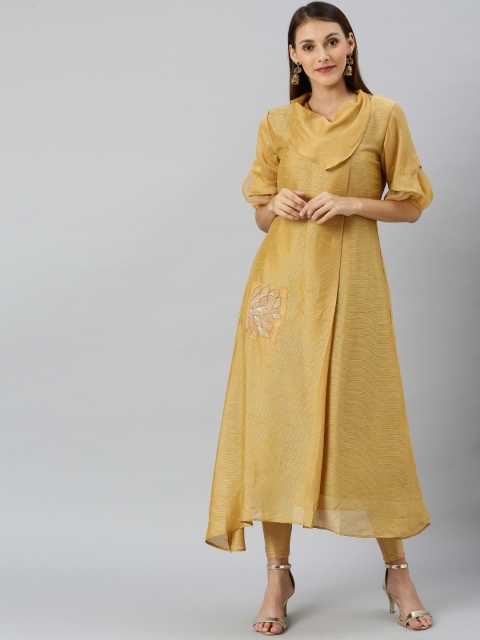 

Indo Era Women Mustard Yellow Self Design A-Line Dress with Embroidered Detail