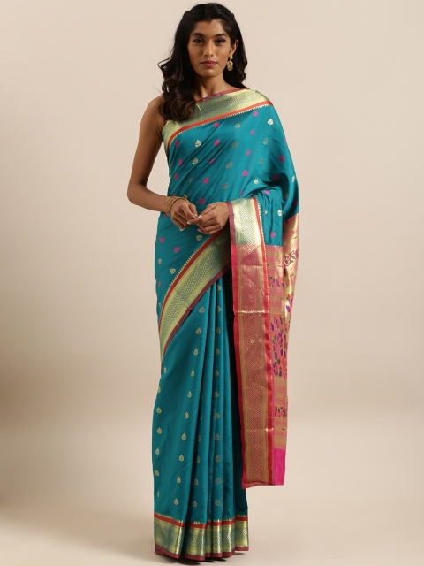

Satrani Turquoise Blue & Pink Poly Silk Woven Design Banarasi Saree
