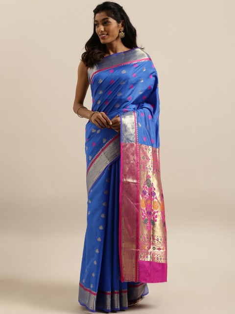 

Satrani Blue & Pink Poly Silk Woven Design Banarasi Saree