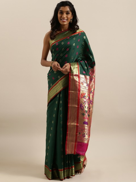 

Satrani Green & Pink Poly Silk Woven Design Banarasi Saree