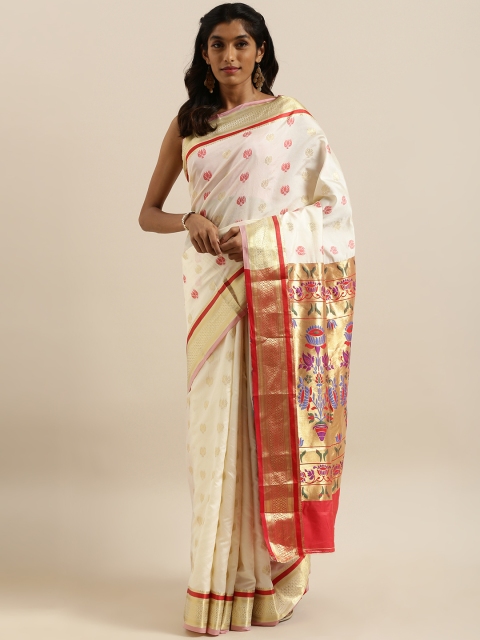 

Satrani Off-White & Red Poly Silk Woven Design Banarasi Saree