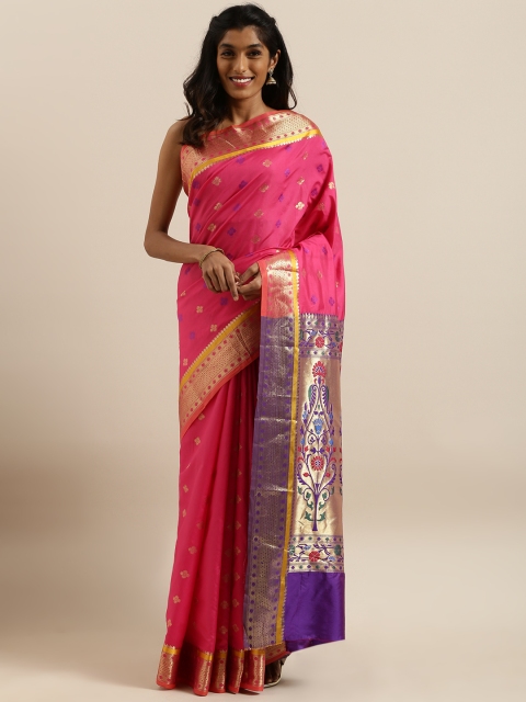 

Satrani Pink & Purple Poly Silk Woven Design Banarasi Saree