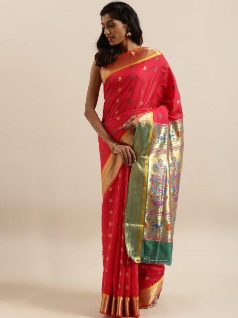 

Satrani Red & Green Poly Silk Woven Design Banarasi Saree