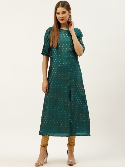 

Cottinfab Women Green & Golden Woven Design A-Line Kurta