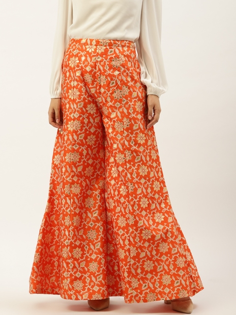 

Cottinfab Women Orange & Golden Silk Printed Flared Palazzos