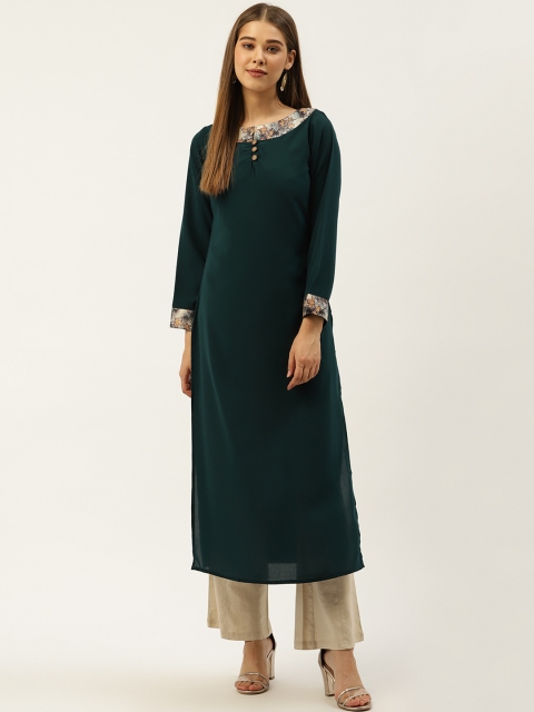 

Cottinfab Women Green Solid Straight Kurta
