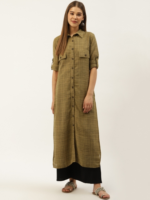 

Cottinfab Women Olive Green & Black Checked Pathani Kurta