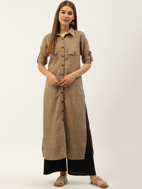 

Cottinfab Women Brown Self-Checked Pathani Handloom Kurta