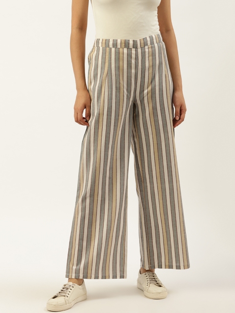 

Cottinfab Women White & Beige Classic Straight Fit Striped Parallel Trousers