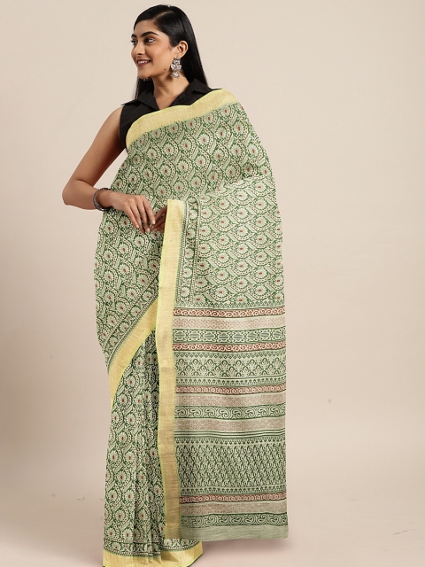 

Pavechas Green & White Polycotton Printed Venkatgiri Saree