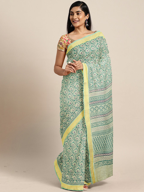 

Pavechas Green & Yellow Polycotton Printed Venkatgiri Saree