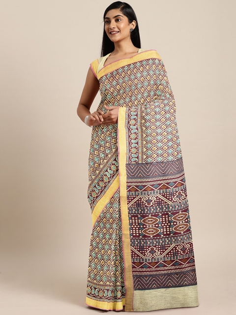 

Pavechas Cream-Coloured & Brown Polycotton Printed Venkatgiri Saree