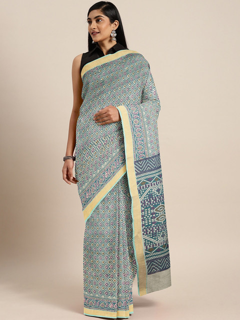 

Pavechas Green & Beige Polycotton Printed Venkatgiri Saree