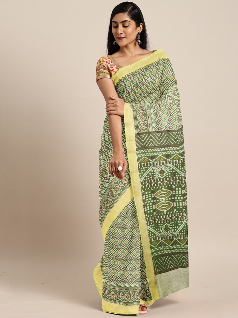 

Pavechas Green & White Polycotton Printed Venkatgiri Saree