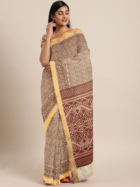 

Pavechas Rust & Green Polycotton Printed Venkatgiri Saree