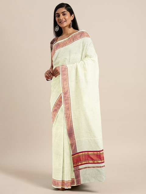 

Pavechas Off-White & Maroon Pure Cotton Solid Kasavu Saree