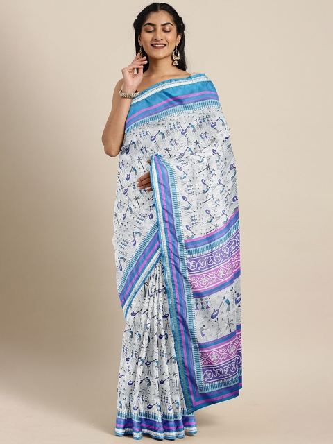 

Pavechas White & Blue Poly Crepe Printed Ikat Saree