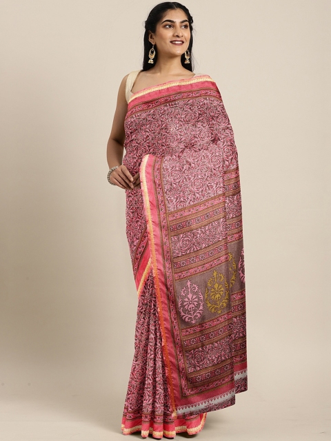 

Pavechas Pink & Taupe Poly Crepe Printed Mysore Silk Saree