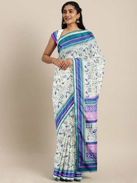 

Pavechas White & Blue Poly Crepe Printed Saree