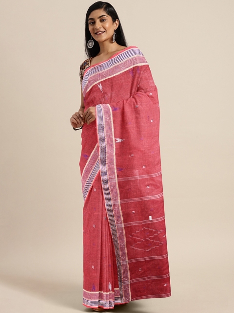 

Pavechas Pink & White Pure Cotton Woven Design Taant Saree
