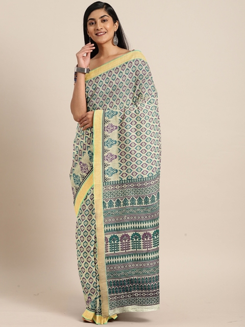 

Pavechas Beige & Teal Polycotton Printed Venkatgiri Saree