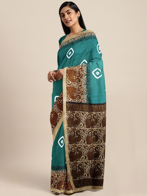 

Pavechas Teal & Coffee Brown Polycotton Printed Mangalagiri Saree