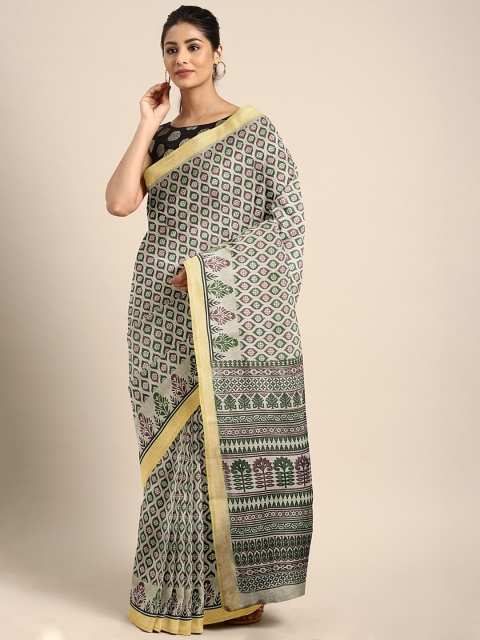 

Pavechas Beige & Green Polycotton Printed Venkatgiri Saree