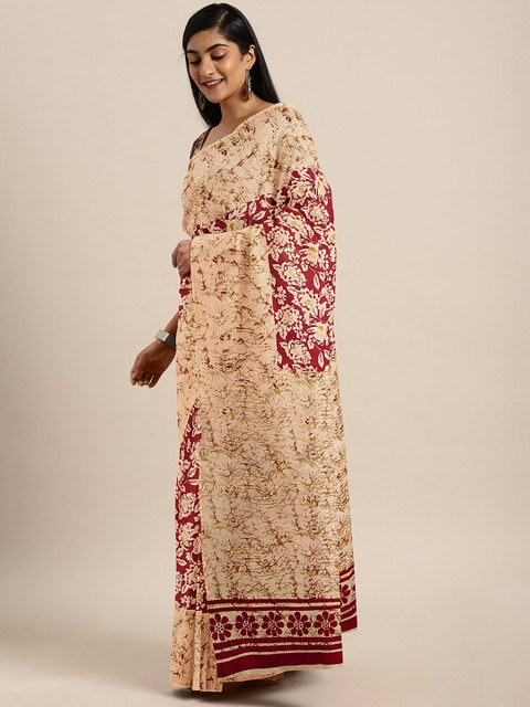 

Pavechas Maroon & Beige Polycotton Printed Mangalagiri Saree