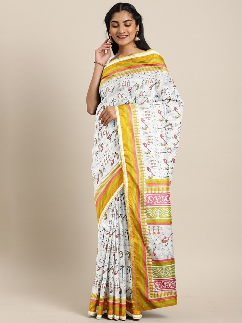 

Pavechas White & Yellow Poly Crepe Printed Ikat Saree